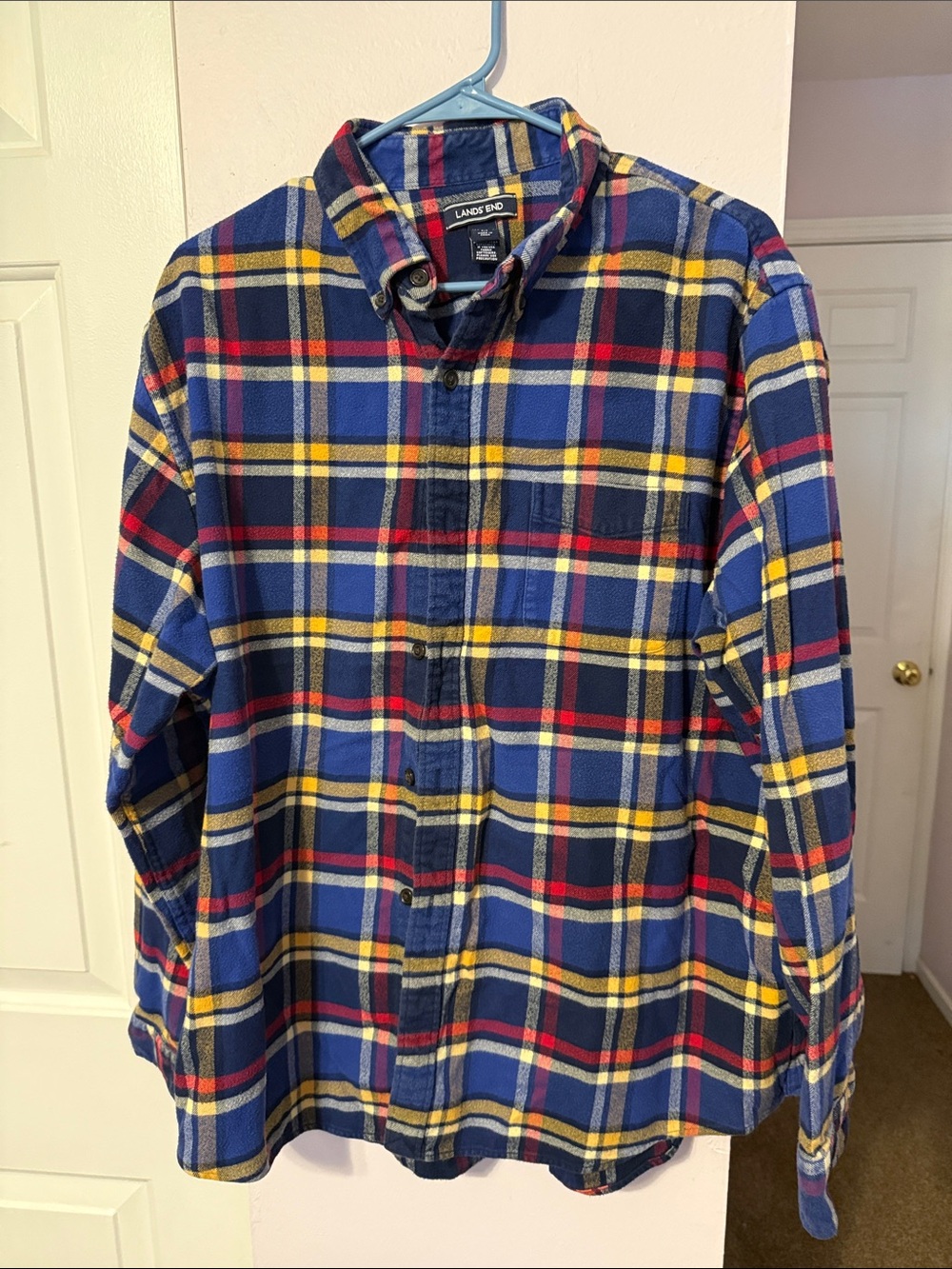 Lands' End Men's Navy Blue Plaid Button-Down Shirt with Red and Yellow Accent